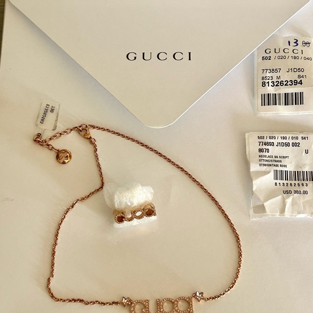 🩷🩷🩷GUCCI Crystal Logo Necklace + Ring Set • Rose Gold • Pavé Bling - Picture 5 of 14